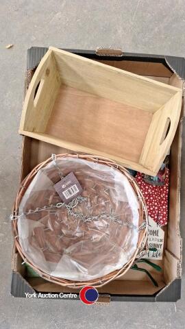 Various garden items including herb box planter, hanging basket, gloves and tools, new
