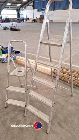 Pair of large aluminium step ladders plus small pair of aluminium step ladders