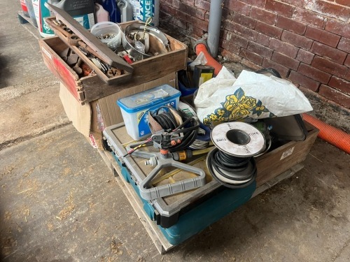 Pallet of miscellaneous inc paint, drill bits etc