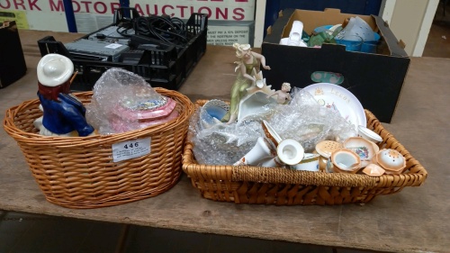 2 baskets of china including a flat back and mermaid with cherub
